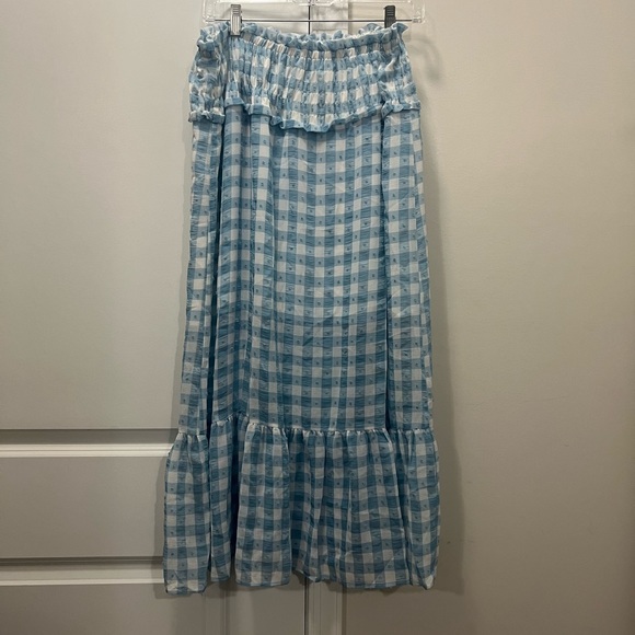 NEW Topshop Blue Gingham Smocked Tiered Midi Skirt Size 10 US $68 - Picture 5 of 7